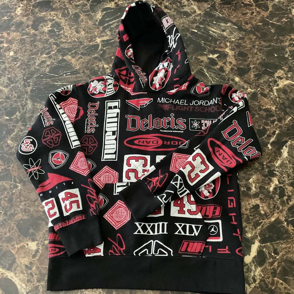 Nike Jordan Boys All Over Print Hoodie Flight School Deloris Red Black Size M (1